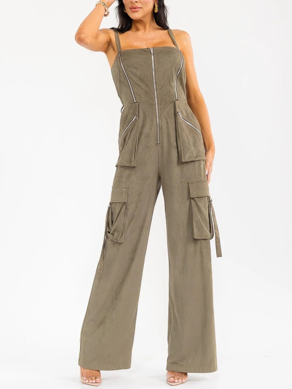 Blogger favorite SLEEVELESS ZIP UP POCKETS WIDE LEG JUMPSUIT - Picture 4 of 6
